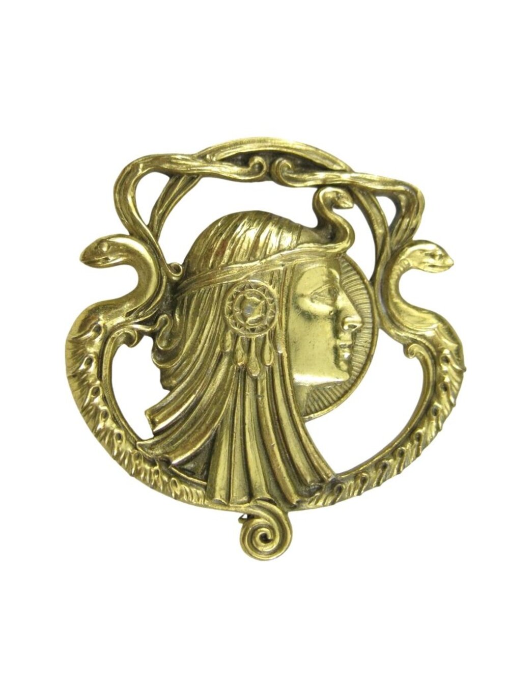 TMM Egyptian Revival Gold Tone Brooch Goddess Serpents Signed